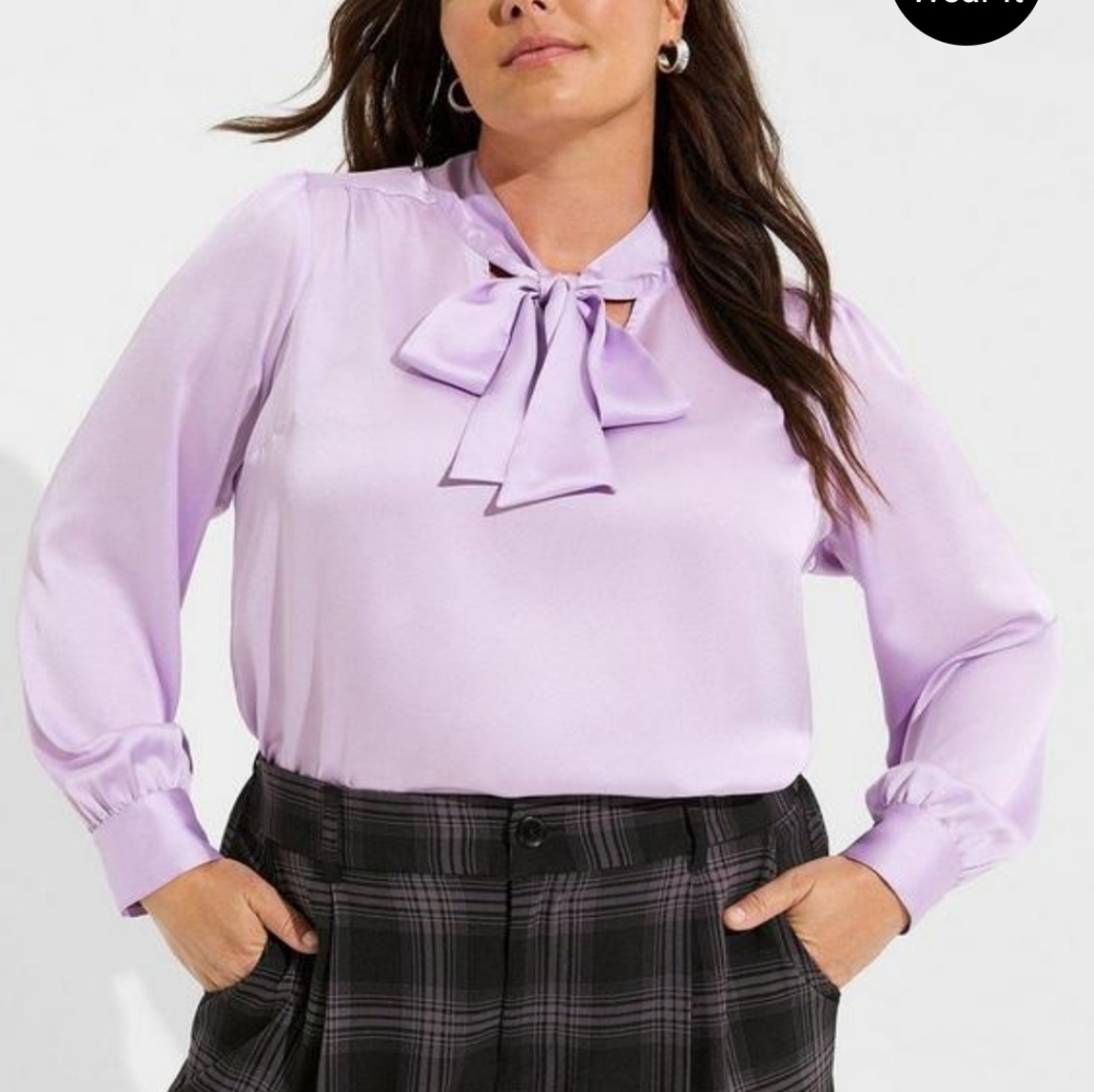 💜 NWT studio bubble satin bow tie blouse size 0/L/12